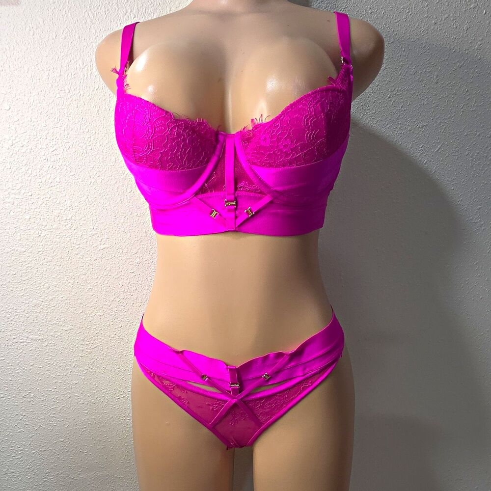 Honey Birdette Whitney Pink Lace Mesh Underwired Balconette Bra Set 34D